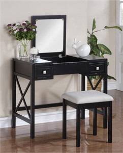 Linon 58016SET-01-KD-U Black Vanity Table and Bench